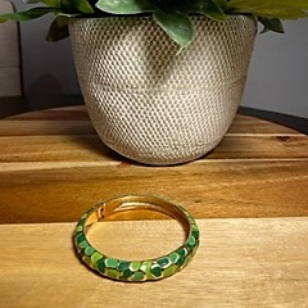 Green Mosaic Enamel Bangle Bracelet | Gold Tone Slip-On Boho Chic